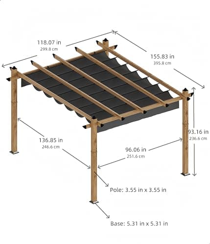 10 x 13 Ft Wood-Grain Aluminum Pergola Outdoor Pergola with Retractable Canopy Sun Shade Shelter for Garden, Patio, Backyard, Deck - Gray