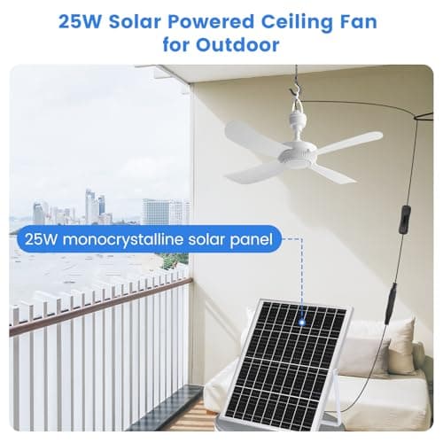 23.6'' Solar Ceiling Fan, 25W Solar Powered Hanging Fans for Outdoor Gazebo, Chicken Coop, Greenhouse, Shed, Dog House, 19.7 Ft Long Cord with On/Off Button