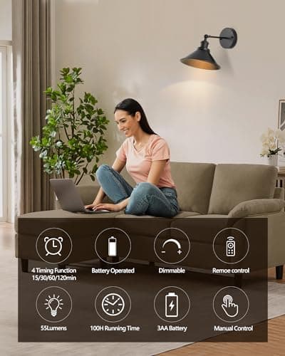 Black Vintage Wireless Battery Operated Wall Sconces, Industrial Cordless Battery Powered Led Wall Lights Set of 2, Wall Lamp Fixture Indoor with Remote Control for Bedroom Farmhouse Gallery