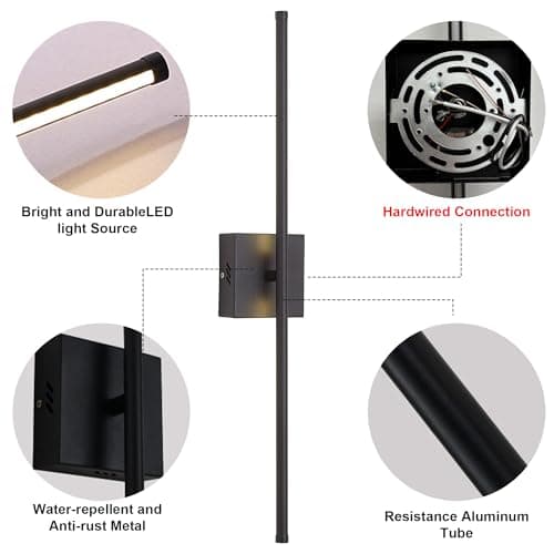 Modern Wall Sconces Set of Two, Dimmable Hardwired Wall Sconces, 350° Rotate, LED Matte Black Wall Light Fixtures, 3000K Warm Light Wall Lamp for Bathroom, Living Room, 27.8 Inch (2 Pack)