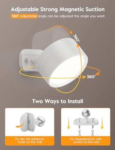 Brightown LED Magnetic Wall Sconce Lights, 2 Pack USB Rechargeable Wall Mounted Lights with Remote, 3 Lighting Colors and Dimmable, 360° Rotation Cordless Wall Mount Lamp for Bedroom, White