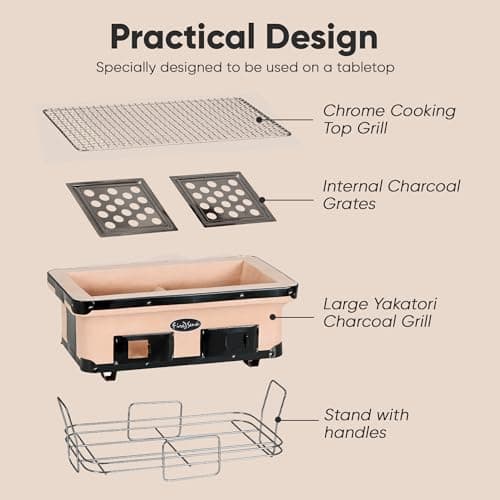 Fire Sense 60450 Yakatori Internal Grates Charcoal Chrome Cooking Grill Japanese Table BBQ Handmade Using Clay Adjustable Ventilation For Outdoor Barbecues Camping Traveling - Large - Tan