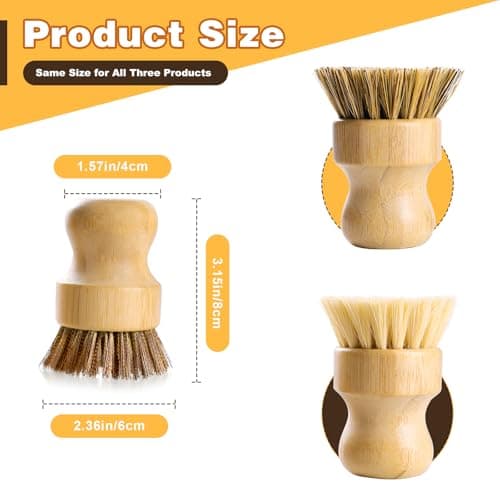 Bamboo Dish Brush Set, 3 Pcs Wooden Scrubber, Brass Brush and Pot Brush with Sisal and Palm for Cleaning Vegetables, Pots and Ovens