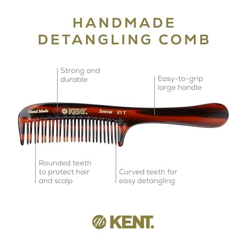 KENT 21T 8 Inch Large Hair Detangling Comb, Wide Teeth for Thick Curly Wavy Hair. Long Hair Detangler Comb For Wet and Dry. Handmade of Quality Cellulose, Saw-Cut Hand Polished, Made in England