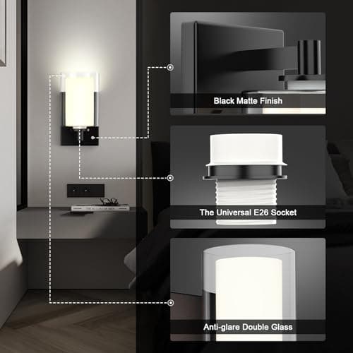Wall Sconces Set of 2 Modern Vanity Lights with Double Clear Glass Shade Matte Black Indoor Farmhouse Wall Lights for Bathroom Living Room Bedroom Hallway Bulb E26 Base (Bulbs Not Included)