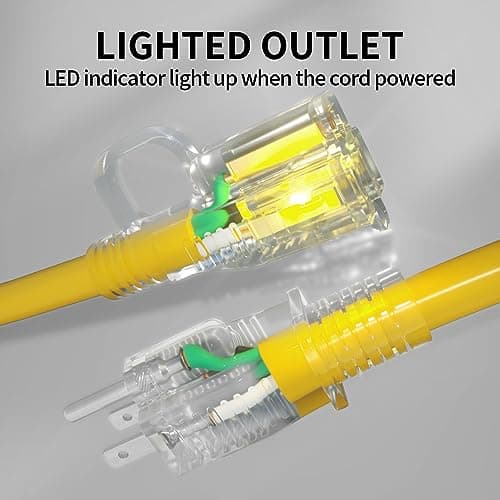 50 ft 12/3 Outdoor Extension Cord Waterproof Heavy Duty with Lighted Indicator End 12 Gauge 3 Prong, Flexible Cold-Resistant Long Power Cord Outside, 15Amp 1875W SJTW Yellow ETL Listed