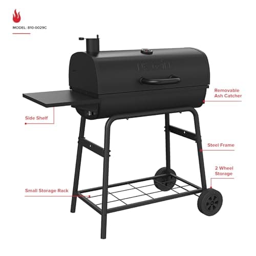 Nexgrill Premium 29" Charcoal Grill with Side Shelf, 552 SQ In Cooking Space, Adjustable Charcoal Tray, Chimney Air Vent, Warming Rack, Barrel Smoker Grill for Camping, Picnics, and More - 810-0029C