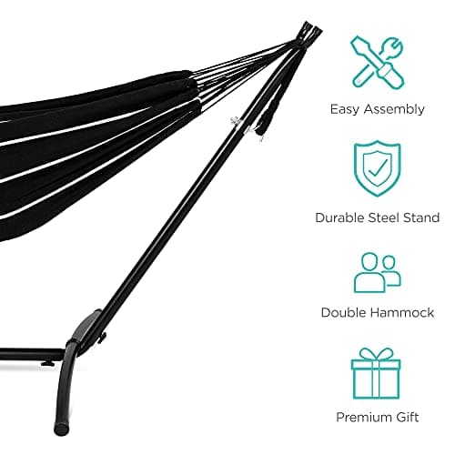 Best Choice Products Double Hammock with Steel Stand, Indoor Outdoor Brazilian-Style Cotton Bed w/Carrying Bag, 2-Person Capacity - Onyx