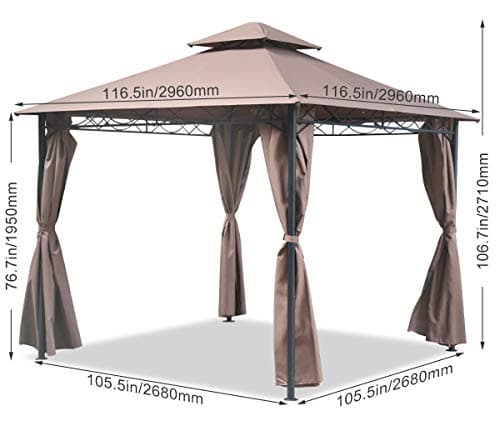 10'x10' Outdoor Patio Gazebo Heavy Duty Steel Frame Canopy with Double Roof, Privacy Curtains, for Garden, Backyard, and Lawn (Brown)