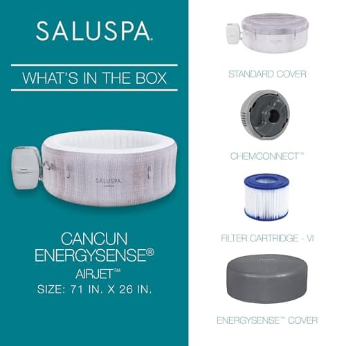 Bestway SaluSpa Cancun 71" x 26" Inflatable Hot Tub Round Portable Outdoor Spa with 120 AirJets and EnergySense Energy Saving Cover, Grey