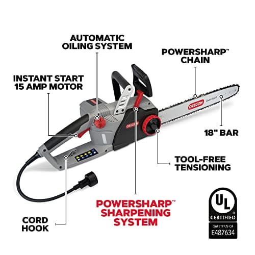 Oregon CS1500 18-inch 15 Amp Self-Sharpening Corded Electric Chainsaw, with Integrated Self-Sharpening System (PowerSharp), 2-Year Warranty, 120V, Grey, Black