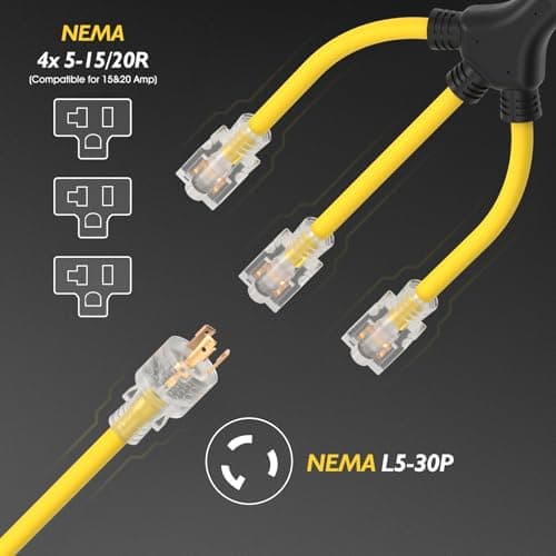 TOOLIOM 30 Amp Generator Adapter Cord Power Splitter, NEMA L5-30P to 3 x 5-15R/5-20R Household Plug, ETL Listed Generator Extension Cord 125V 3750W Stow 12AWG/3C (2 FT)