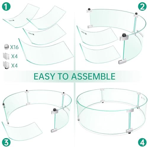 Fire Pit Wind Guard - 23" x 23" x 7" Round Fire Pit Glass Wind Guard for Outdoor Gas Fire Pit Table, Thick and Durable Tempered Glass w/Hard Aluminum Corner Brackets, Easy Assembly