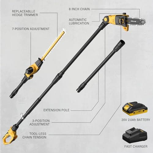 Pole Saw 8-Inch Cordless Tree Trimmer and 18-Inch Pole Hedge Trimmer 2-In-1,15-Feet Max Reach, Auto Oiling, Telescoping Pole Chainsaw with 2.0Ah Battery & Charger