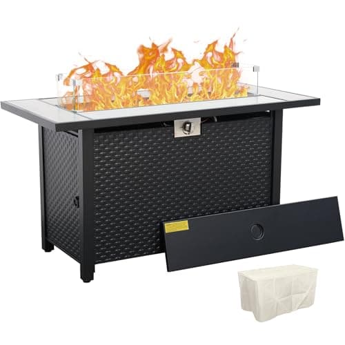 45 Inch Fire Table for Outside 60000 BTU Steel Gas Fire Pit Outdoor Fire Pit Table with Woodgrain Marble Tabletop Glass Wind Guard Cover and Blue Crystal Beads