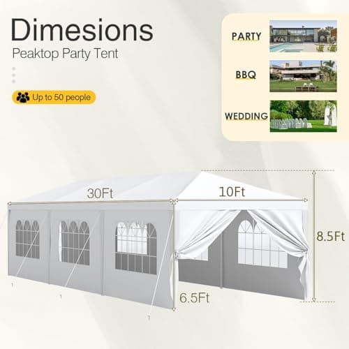 Greesum 10 x 30 Outdoor Canopy, Party Tents with 8 Removable Sidewalls, Gazebo Shelter for Parties, Outside Waterproof Wedding Canopies for Events, Birthday, Holiday, White
