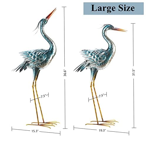 Chisheen Large Garden Crane Outdoor Sculptures, Metal Yard Art Heron Standing for Indoor Outdoor Decor, Bird Statues for Patio Lawn Porch Decorations, Set of 2