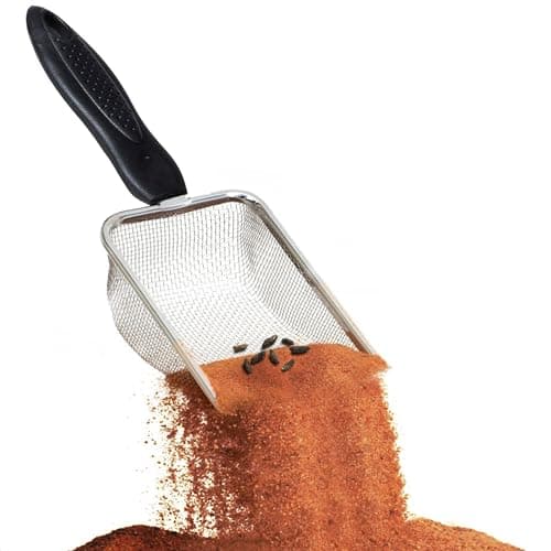 SunGrow Cat, Reptile Sand Scoop, Stainless Steel Fine Mesh Net for Lizard, Gecko, Snake Habitat, Substrate and Gravel Sifter, Black Non-Slip Handle Sifter, 11” x 4” x 2”, 1 Pc