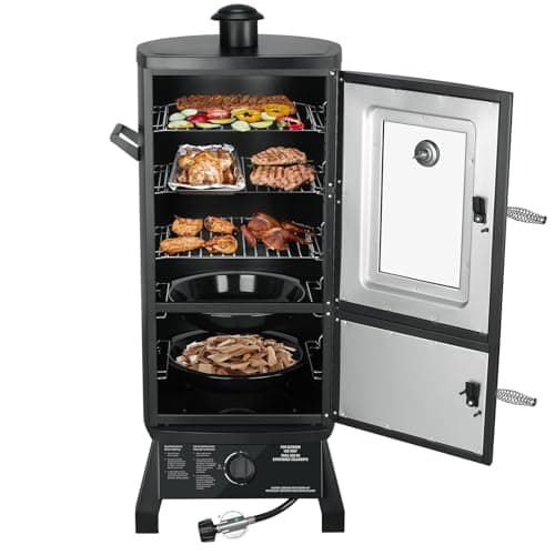 Propane Smoker with Cover, Vertical Smoker Grill with Temperature Control Outdoor Heavy Duty Three Removable Smoking Shelves, Black