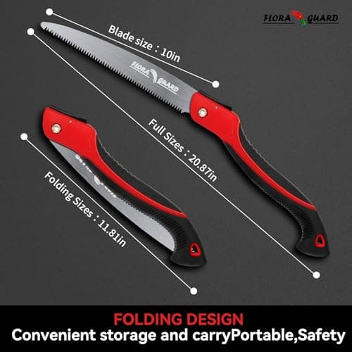 FLORA GUARD 10-Inch Folding Hand Saw, Heavy Duty Pruning Saw with Multi-Level Razer Teeth for Wood Cutting, Tree Trimming, Professional Camping Gardening Tools (Red-10")