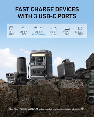 Anker SOLIX C300 Portable Power Station, Outdoor 288Wh LiFePO4 Battery, 300W (600W Surge) Solar Generator, 140W Two-Way Fast Charging, for Camping, Traveling, and Emergencies (Solar Panel Optional)