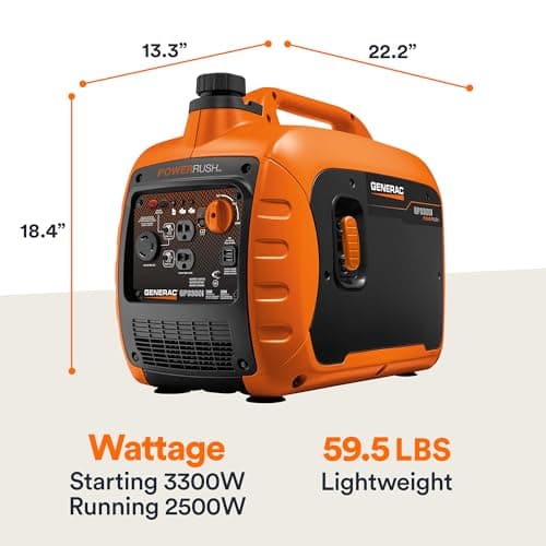 Generac 3,300-Watt Gas-Powered Portable Inverter Generator - Lightweight Design - USB Ports for Mobile Device Charging - COsense Technology - Perfect for Home use - Orange/Black