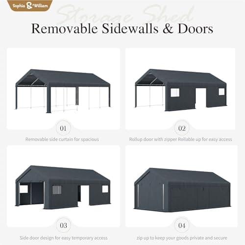 Sophia & William Carport Storage Shed 13x24 ft Portable, Heavy Duty Car Port Canopy Garage Shelter with Sidewalls and Roll Up Doors for Automobile Boat Motorcycle Bike, Gray