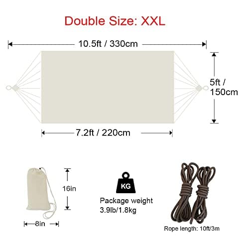 Brazilian Double Hammock 2 Person 330X150cm Load 500Pound Cotton Hammock for Patio Porch Garden Backyard Lounging Outdoor and Indoor (Beige)