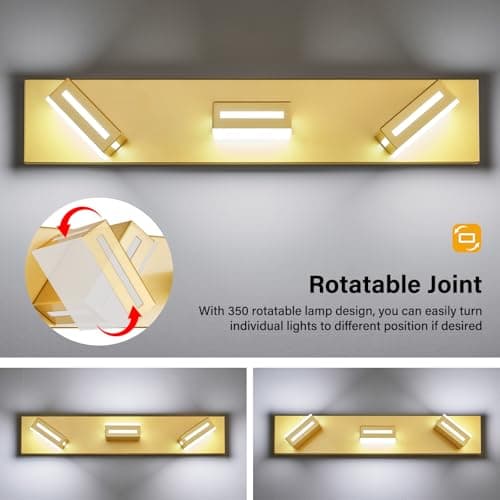 LED Modern Bathroom Vanity Light Fixtures (3-Light, 24-Inch), Acrylic Gold Bathroom Wall Lighting Fixtures Over Mirror (Cool White 6000K) with Rotatable Vanity Lights Heads