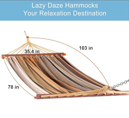 Lazy Daze Hammocks Cotton Fabric Spreader Bar Hammock and 10.5 Ft Wood Arc Hammock Stand Combo, for Indoor, Outdoor,Patio, Backyard, Khaki and Brown