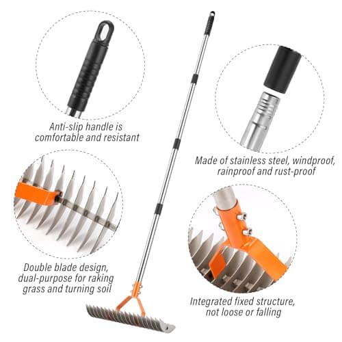 62" Adjustable Thatch Rake - 19-Tine Lawn Dethatcher with Nickel Steel Tines, Heavy Duty Ergonomic Handle for Spring Lawn Care, Soil Aeration & Yard Cleanup&Turf Renovation (Silver)