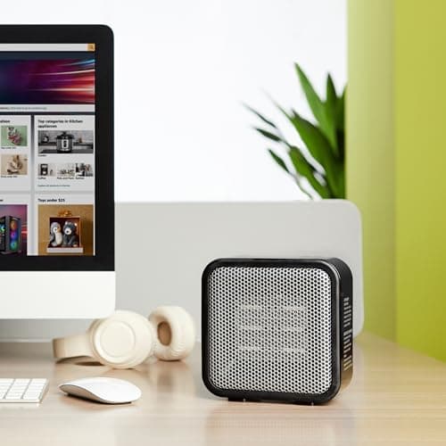 Amazon Basics Ceramic Space Heater, Mini Heater for Office Desk, Portable Tent Heater for Camping (Indoor Use), 500 W, With Tip-Over Protection, Lightweight (1.4 LBS), Black, 5.8"D x 3.4"W x 6"H