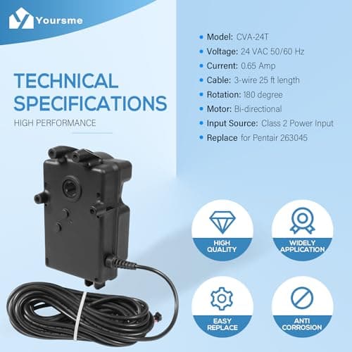 Yoursme CVA-24T Valve Actuator Replacement Part for Pentair 263045 Valve Actuator, 24 Volt AC 180 Degree Rotation, 25 Feet Cable, for 2 or 3 Port Valves, Compatible with All 24VAC Control Systems