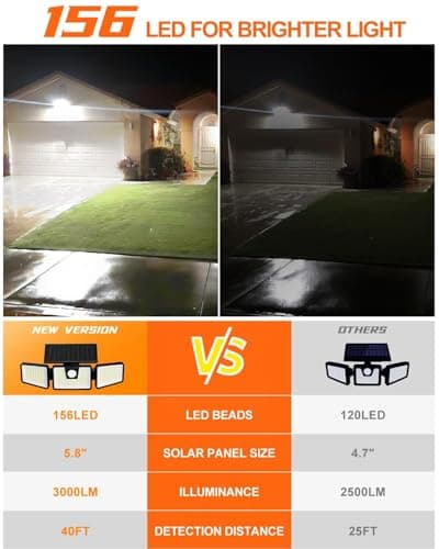 INCX Solar Lights Outdoor Waterproof, 3000 LM 156 LED Motion Sensor Outdoor Lights, 3 Heads Solar Powered Security Flood Light Motion Detected Spotlight for Patio Garage Yard Entryways, 2 Pack Black
