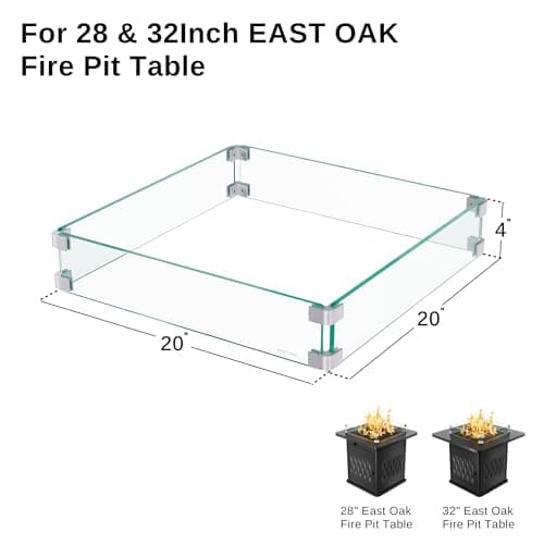 EAST OAK Glass Wind Guard for 28''&32'' Propane Fire Pit Table, Clear Tempered Wind Guard for Gas Firepit, Thick Rectangle Glass Shield with Aluminum Corner Bracket & Rubber Feet，20 x 20 x 4 inch