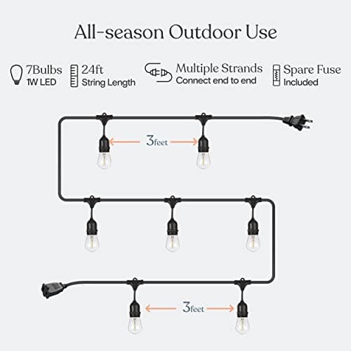Brightech Ambience Pro LED String Lights - 24 Ft Commercial Grade Patio Lights Outdoor Waterproof - 7 Heavy Duty Porch Lights for Outside, Christmas, Backyard - 1W Vintage Edison Bulbs, Dimmable