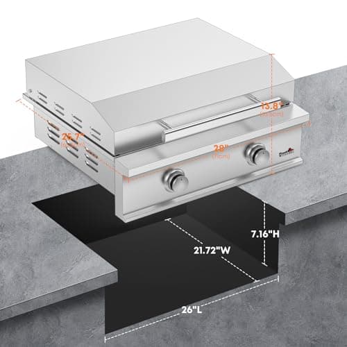 Stanbroil 28-Inch Premium Built-In Liquid Propane Griddle for Outdoor Kitchen Grill, Durable Stainless Steel 2-Burner Flat Top Grill with Lid for BBQ Island, 34,000 BTUs