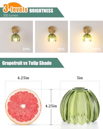 Vintage Battery Operated Wall Sconce with Green Tulip Glass Lampshade Wireless Rechargeable Battery Powered Wall Light with Remote Control for Bedside Bedroom Doorway, Set of 2