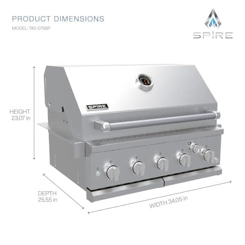 Spire Premium 5 Burner Built In Gas Grill Island Head, Stainless Steel 30 Inch Propane Grill with Rear Burner, 63,000 BTUs, 750 SQ In Racks, Dual Fuel Compatibility - 740-0788P