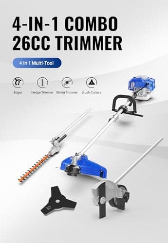 26cc Weed Wacker Gas Powered, 4 in 1 String Trimmer, Wheeled Edger, Hedge Trimmer and Brush Cutter Blade, Multi Yard Care Tools, Rubber Handle & Shoulder Strap Included