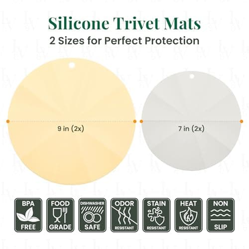 Larder & Vine Silicone Trivets for Hot Pots and Pans | Set of 4 Round Hot Pads for Kitchen | 7” & 9” Trivets for Hot Dishes | Heat-Resistant Silicone Mats for Kitchen Counter | Limoncello/French Gray