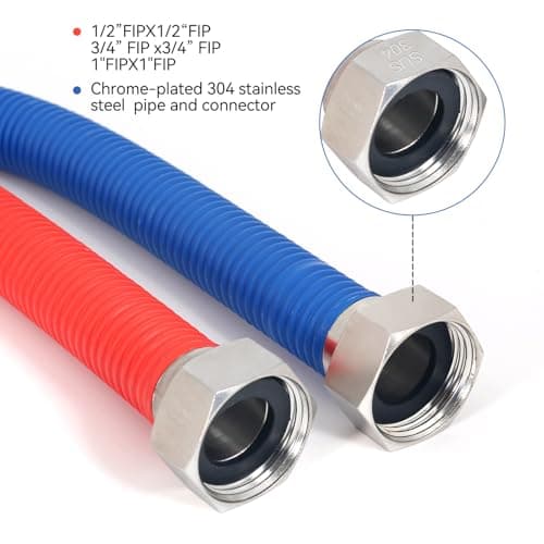 24Inch Flexible Stainless Steel Corrugated Water Heater Connector,1/2"FIP x 1/2"FIP,Flexible Water Heater Hose,Hot and Cold Color Code,304 Stainless Steel Connector and Pipe,PE Protective Layer2Pack