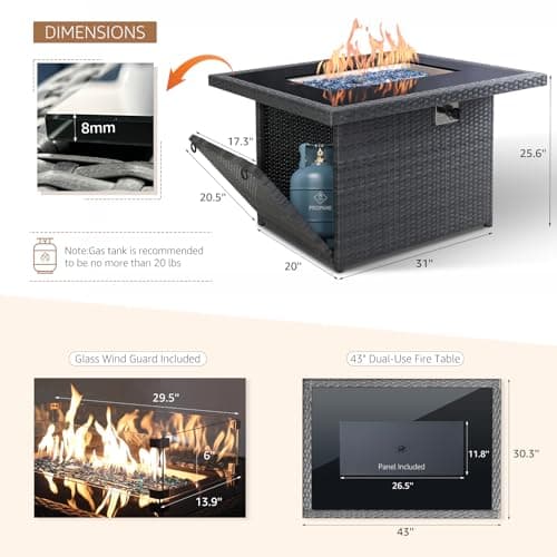 NICESOUL Wicker Propane Fire Pit Table, 60000 BTU Large Natural Gas Firepit Tables, 43'' Rectangle CSA Fireplaces for Deck Backyard, Fire Table with Windguard&Glass Rocks&Cover, Gray