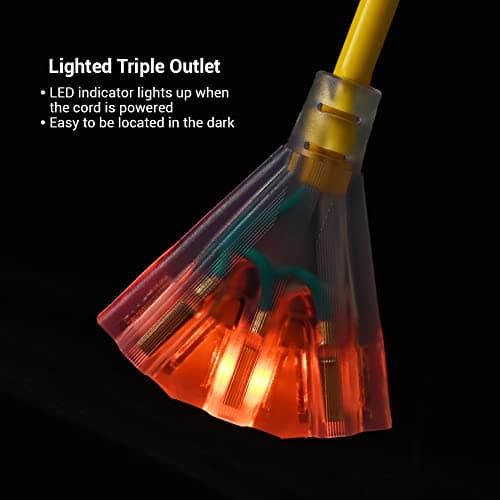 DEWENWILS 25 FT 14/3 Gauge Extension Cord Outdoor Tri-Tap Extension Cord Splitter, Heavy Duty Power Cable SJTW 15 Amp for Multiple Appliances, LED Lighted Plug, ETL Liste