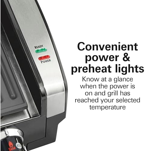 Hamilton Beach Electric Indoor Searing Grill with Adjustable Temperature Control to 450F, 118 sq. in. Surface Serves 6, PFAS-Free Removable Nonstick Grate, Stainless Steel (25360)