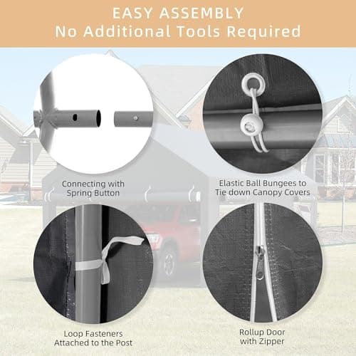 JY QAQA Carport, 12x20 FT Heavy Duty Carport with Removable Side Walls and Doors, Portable Garage with Roll-Up Window and Sandbags, Car Canopy with All-Season Tarp for Cars, Trucks, Boats, Gray