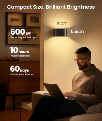 FULEN Motion Sensor Wall Light with Remote Control 3 Colors Wireless Wall Lamp LED Indoor Up and Down Wall Sconce 5000mAh Rechargeable Battery Powered Wall Lamps Brightness Adjustable, Black 2 Pack