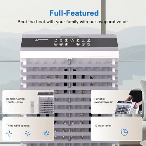 Swamp Cooler,1800CFM Portable Evaporative Air Cooler,Cooling Fan for Room Garage Patio,5.3 Gal Water Tank,3 Speeds,4 Ice Boxes,12H Timer,Remote