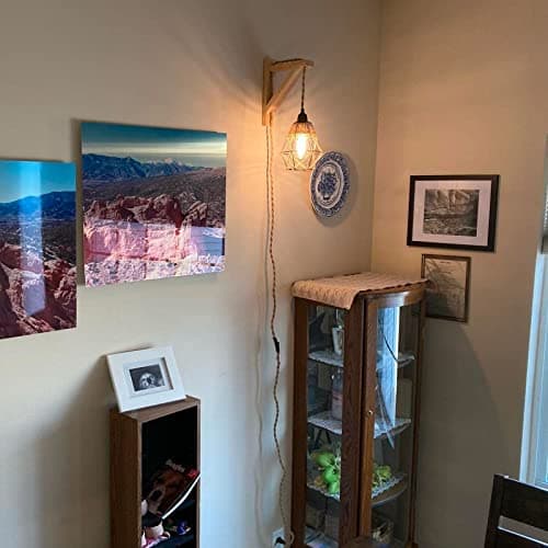 Frideko Wall Lamp with Plug in Cord - Plug in Wall Sconces, Farmhouse Hanging Lamps That Plug into Wall Outlet, Rustic Wall Mount Lamp with Wood Shelf Bracket & Switch Cord for Living Room, Bedroom