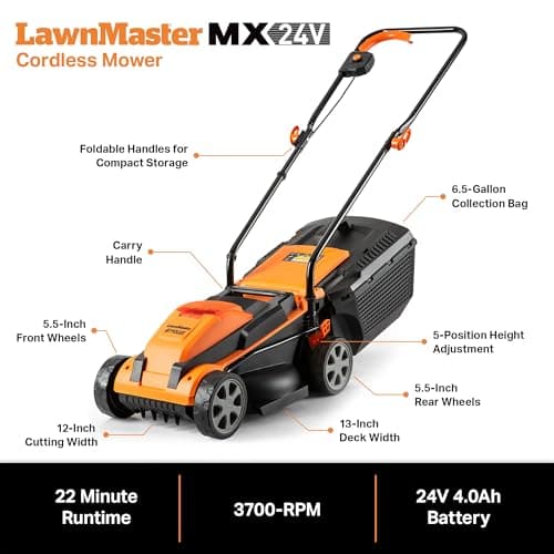 LawnMaster 20VMWGT 24V Max 13-inch Lawn Mower and Grass Trimmer 10-inch Combo with 2x4.0Ah Batteries and Charger